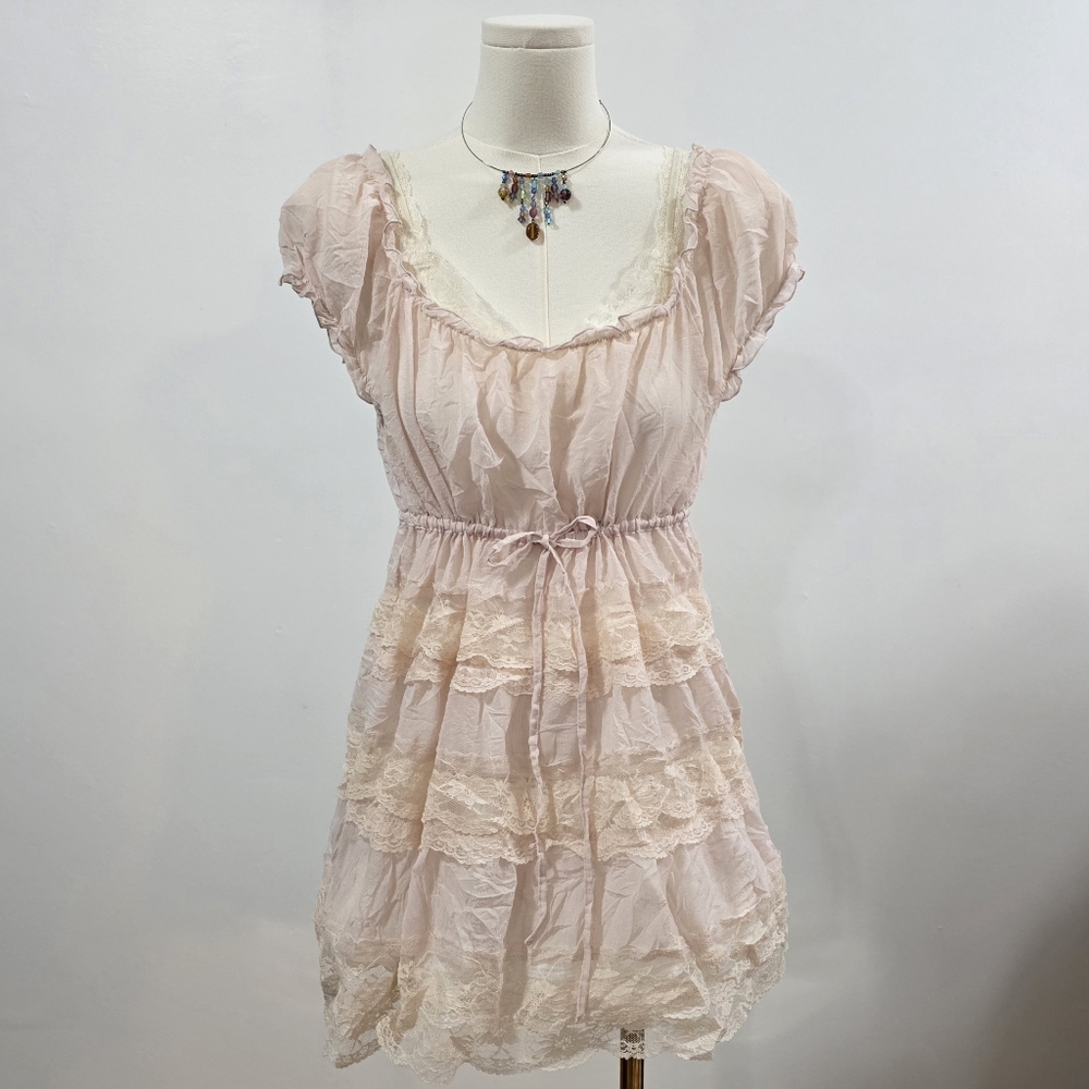 Posset Pot Japanese brand pink lace babydoll layered dress with tie - Picture 6 of 8